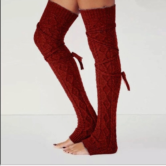 Red burgundy knee socks leg warmers sexy otk gaiters boot wrap tie cable knit OS